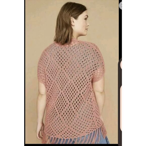 Lane Bryant Open Crochet Knit Fringed Dusty Pink Sleeveless Cardigan Sz 22/24 - Picture 2 of 7